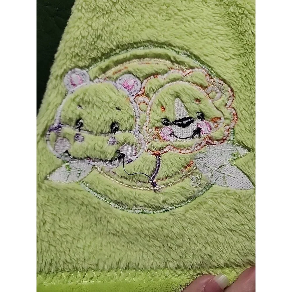 VTG Fisher Price baby blanket Green‎ fleece appliqued lion Hippo Zoo Jungle Cozy
